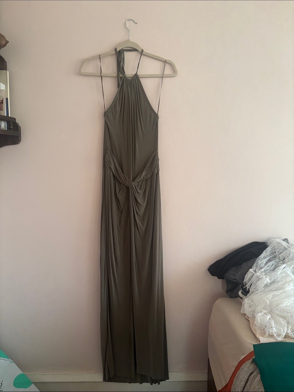 All Saints Olive Green Halter Maxi with Waist Knot